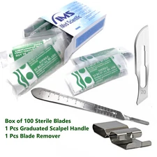 100 Surgical Sterile Blades #20+Scalpel Knife Handle #4 Graduated+Blade Remover