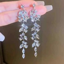 Colorful Shiny Rhinestone Inlaid Leaf Design Long Dangle Earrings Bohemian Style
