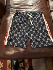 Men s Gucci Logo Print Navy Knit Athletic Shorts Drawstring Pockets 7" M
