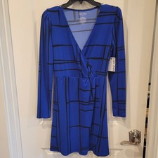 Womens Nine West Dress SMALL Blue Black Faux Wrap Long Sleeve V Neck Office 