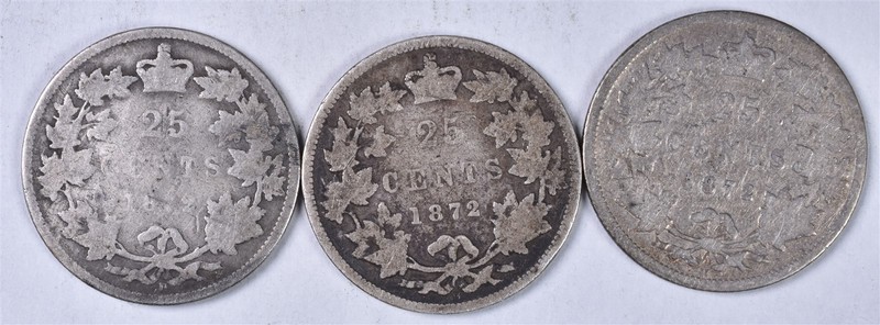 1872 Canada 25 Cents Silver - 3 Coin Lot 
