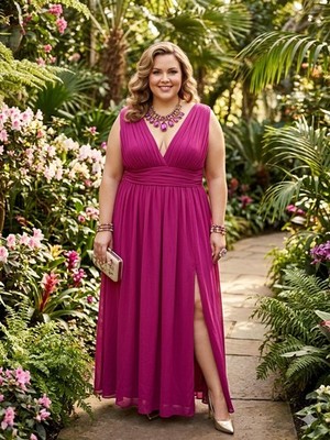 Lulus Magenta Pink Pleated V-Neck Maxi Dress with Slit - Size 2X