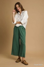 Umgee Palm Green Frayed Hem Wide-Leg Linen Blend Pants with Pockets