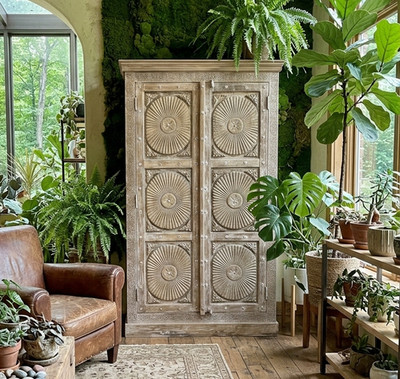 Hand Carved Sunburst Armoire Rustic Brown Wooden Cabinet Antique Storage 84x47