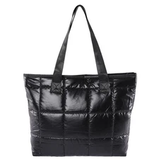 Black Quilted Puffer Tote Bag Shoulder Handbag Zipper Closure Carryall Purse