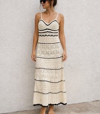 Maxi abito Zara maglia uncinetto panna nero orlo boho estivo EUR M USA M