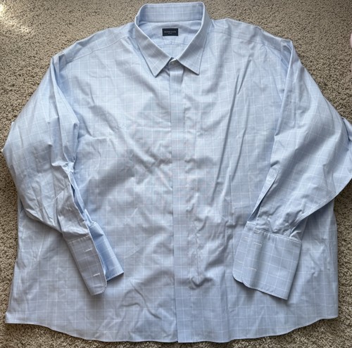 Camicia elegante uomo tessuto corretto blu quadri polsino francese taglia 21-35 - Foto 1 di 5