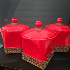 Portfolio OGG Red Ceramic Canister Set of 3 with Ornate Bronze Metal Bases & Lid