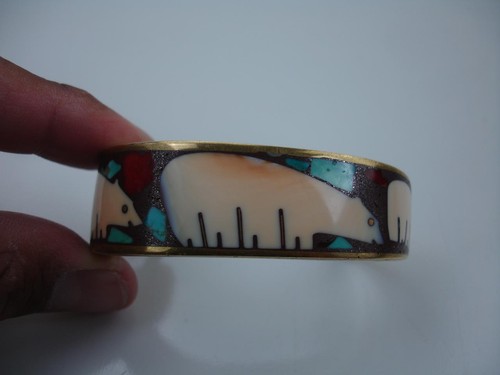 Turza Wells & Andrew Shows Polar Bear Stone Inlay Cuff Bracelet Brass Handmade