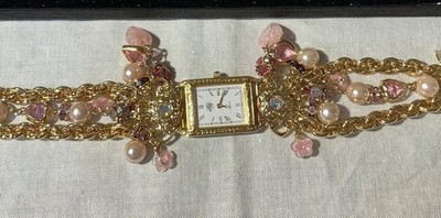 HTF Kirk s Folly QVC 1994 Blushing Heart Pink Crystal Rhinestone Watch Gold Tone