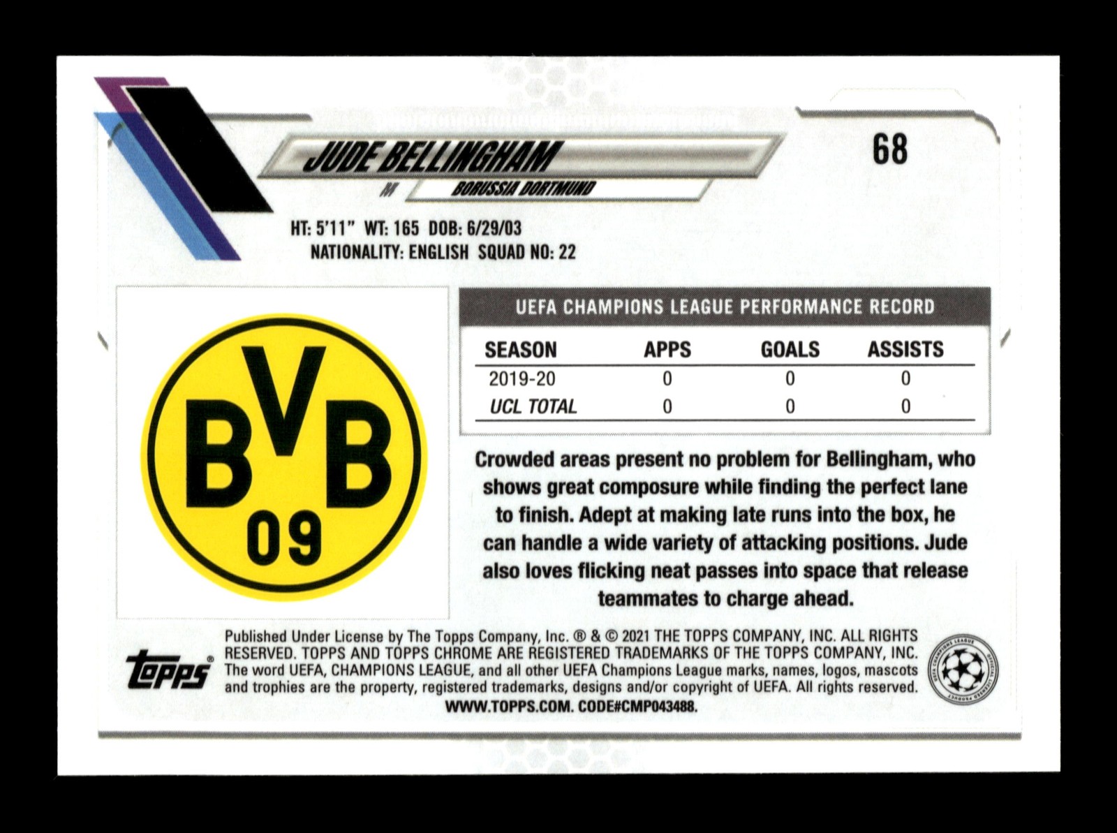 2020-21 Topps Chrome UEFA Champions League #68 Jude Bellingham ROOKIE RC view 2