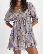 Free People Boho Floral Babydoll Mini Dress XS Lavender Cottagecore Romantic 