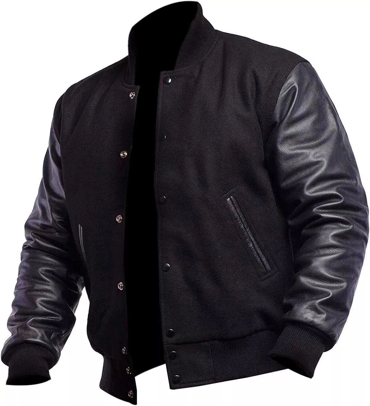 Men’s Black Varsity Letterman Jacket College High School Baseball Bomber