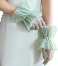 Tulle Gloves Short Ruffled Short Mesh Gloves with Pearls Elegant Tea Party Costu