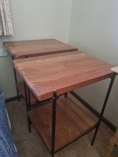 2 End Tables, Bed Occasional Tables Upcycled Wood Red Gum Black Steel Frame X 2