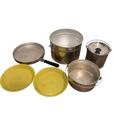 Vintage 8pc Aluminum Nesting Camping Mess Set Cooking Pots, Pans, Plates