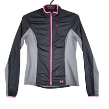 Womens Under Armour Black Gray Pink Full Zip Jacket Cold Gear Semi fitted Size M