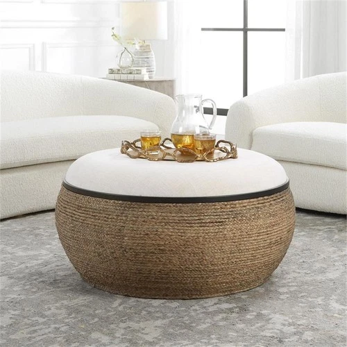 Uttermost Island Farmhouse MDF Straw Iron and Fabric Storage Ottoman in Brown - Picture 2 of 5