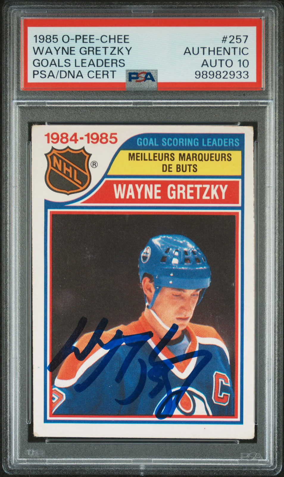 1985 O-Pee-Chee Wayne Gretzky #257 Goals Leaders PSA A Auto 10