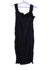 DEEP SELF Women Black Sleeveless Shirred Ruffle Hem Midi Dress Thick Elasticated