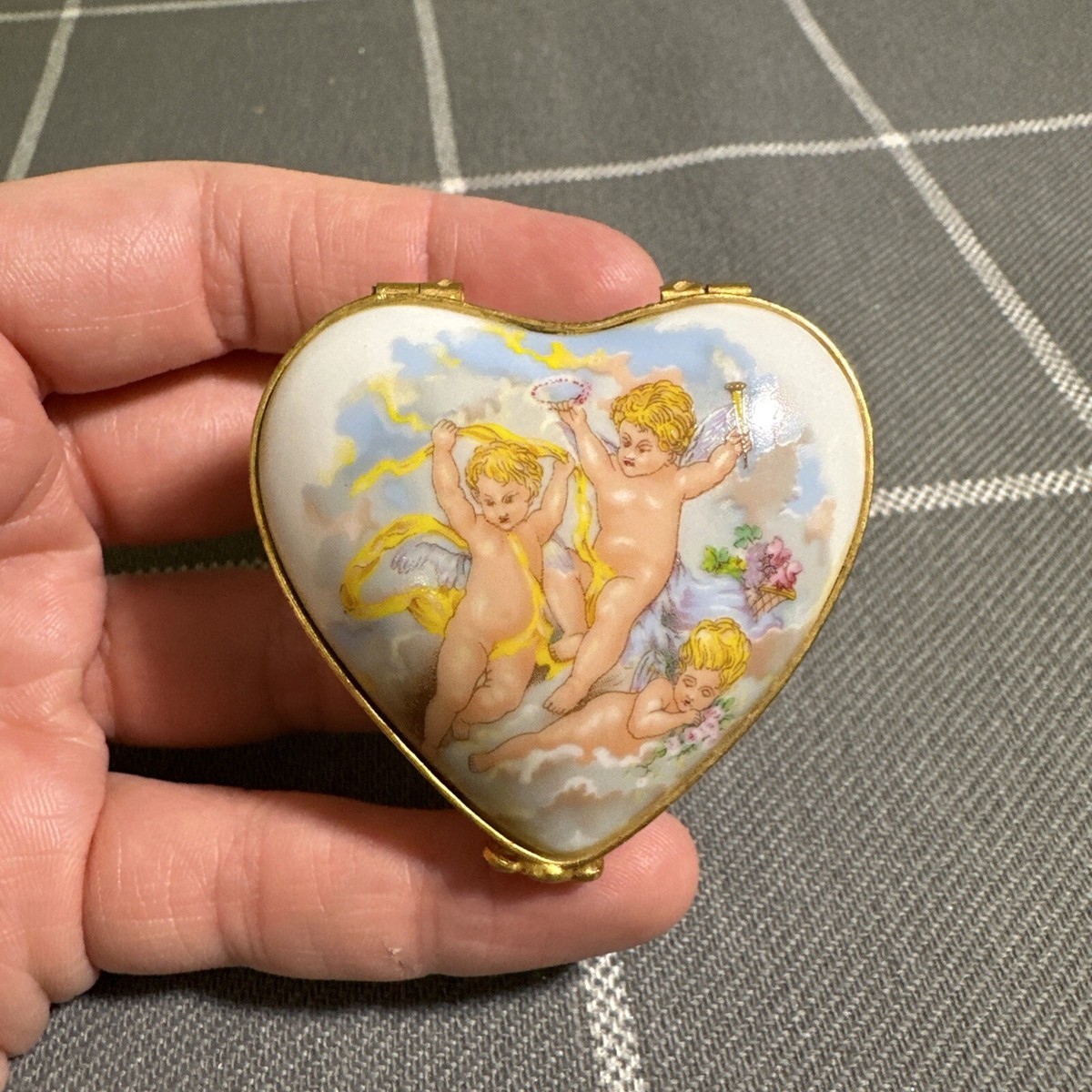 Vintage FM Limoges France Heart Shaped Cherub Hinged Trinket Box