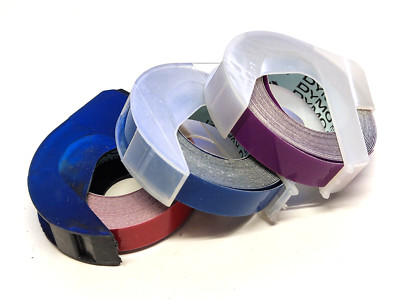 3x DYMO Prägebänder 9mm X 3m BLAU VIOLETT ROT SCHWARZ Hoch Glanz  Embossing Tape
