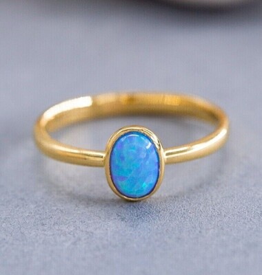 925 Sterling Silver Blue Opal Ring, Oval Blue Opal Ring, Dainty Ring