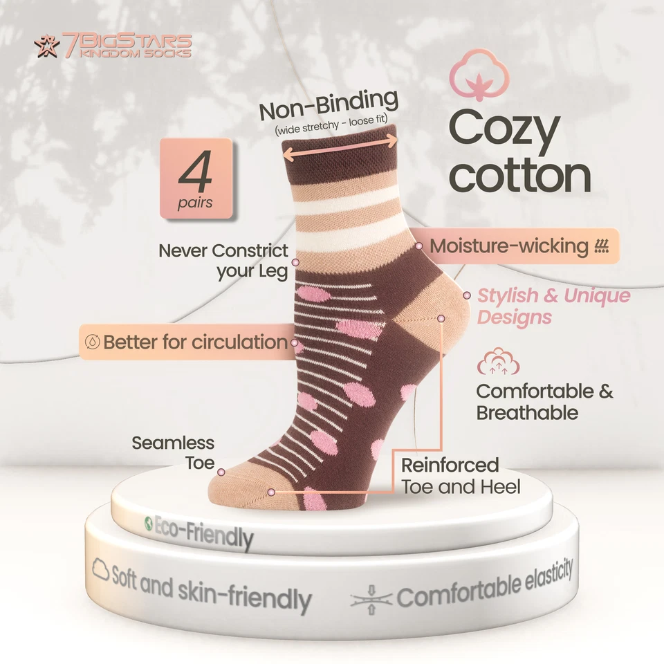 Calcetines de mujer diabéticos con patrón de algodón cuarto 4 pares medianos 9-11 marrón beige crudo Foto 2 de 4