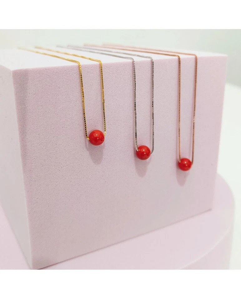 Catenina argento 925 ciondolo pallina sfera corallo rosso naturale Mediterraneo - Immagine 2 di 2