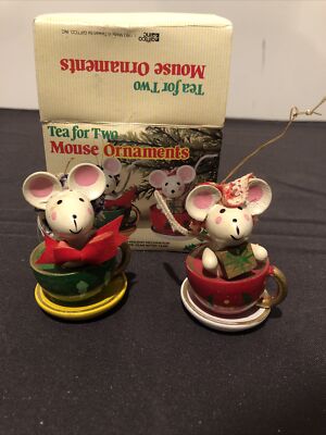Vintage 1983 Giftco Hand Crafted Tea For Two Mouse Ornament Set in original Box