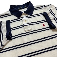 Polo Ralph Lauren Mens L Short Sleeve Cotton Polo Shirt Stripe White Blue Rugby