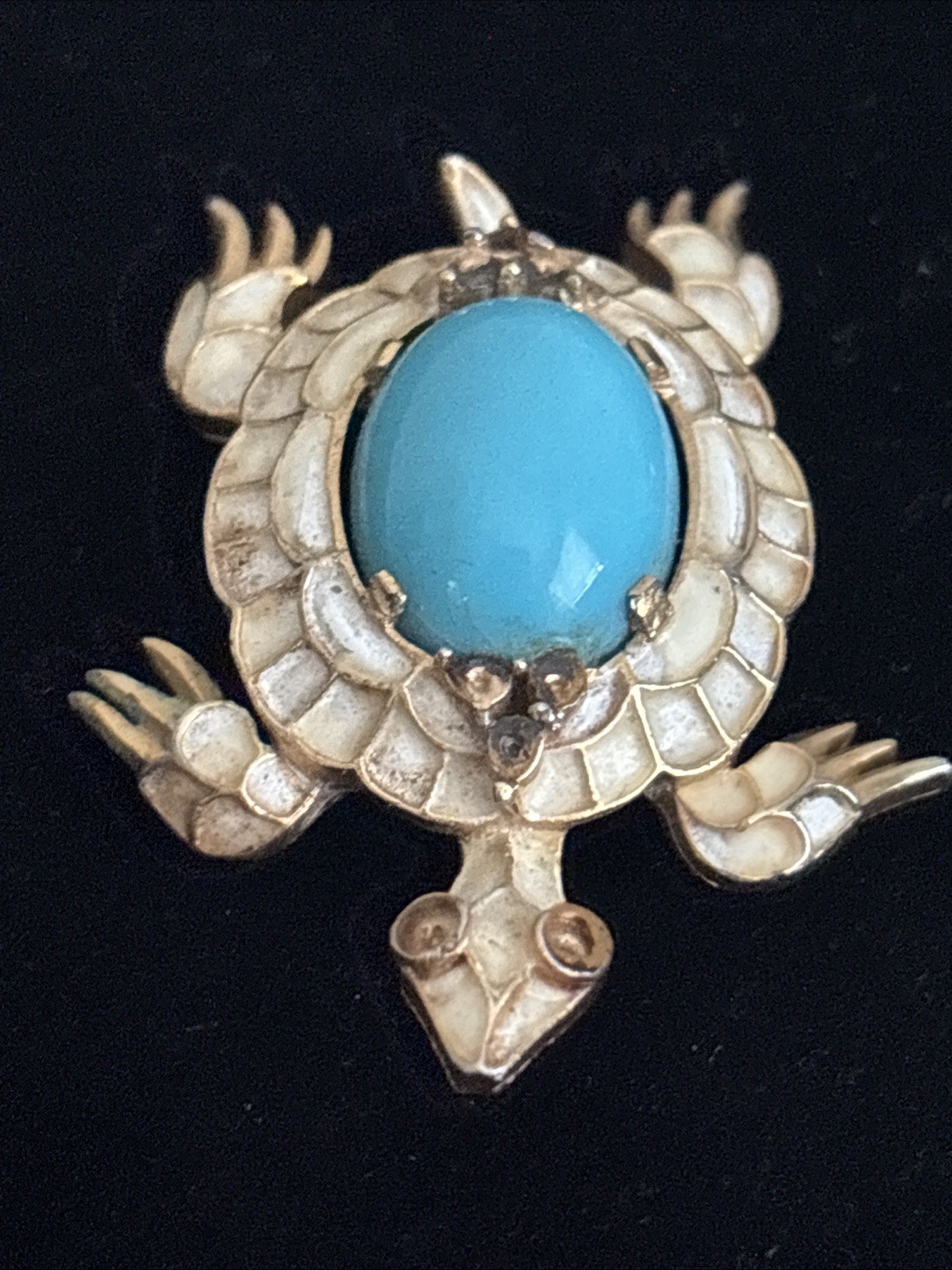 Crown Trifari Turtle Brooch Gold Tone Enamel Turquoise Cabochon Alfred Philippe