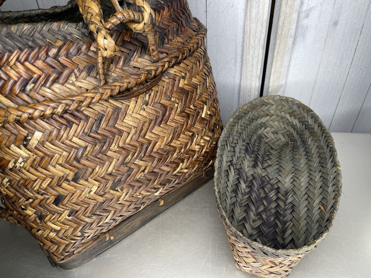 Vintage Filipino Rattan Woven Brown Wicker Wood Gathering 