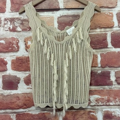 Line & Dot Top Womens Small Tan Boho Knit Fringe Tassel Accent Sheer Tank Shirt