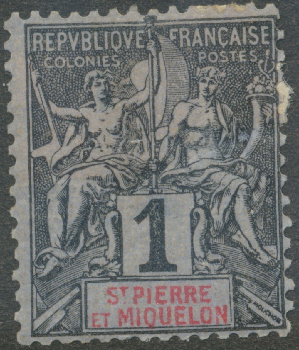 ST. PIERRE AND MIQUELON 1892, Colonial Allegory 1 C. Unused Variety: Black P