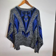 Sostanza Fashion Police Sweater L Blue Gray Graphic Knit Vintage Y2K Retro