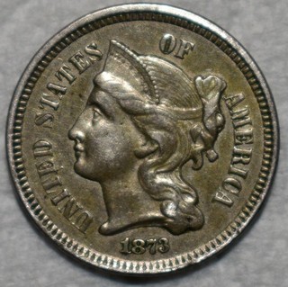 Uncirculated 1873 Open 3 Nickel Three Cent Piece Richly Hued Lustrous specimen
