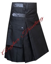 Scottish Handmade Black Utility Kilt Real Leather Straps Men's Custom Size Kilts