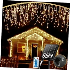 Solar Icicle Lights for Outside - 65Ft 65Ft 506LED Icicle Lights Warm Lighting