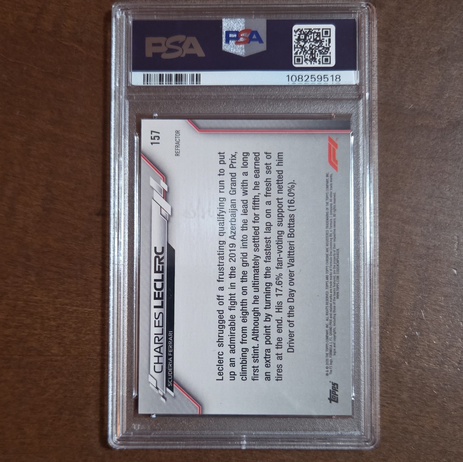 Topps 2020 Chrome Formula 1 Charles Leclerc Ferrari #157 Refractor PSA 10 view 2
