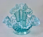 VTG 8 3/8" FENTON Art Glass Blue Opalescent 3 Horn Epergne Centerpiece Vase MCM