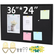 36" x 24" Cork Board Large Wood Framed Cork Bulletin Board with Pins Eye Bolt...