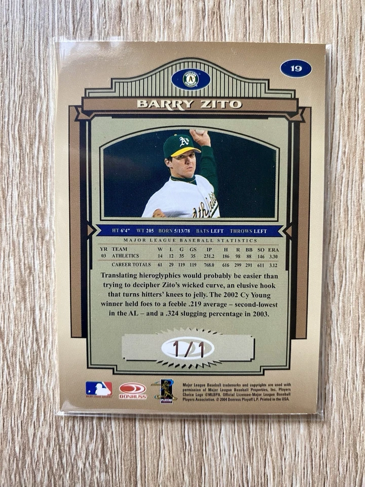 2004 Donruss Timeless Treasures Barry Zito Athletics A’s Black Auto 1/1 - Image 2 of 2