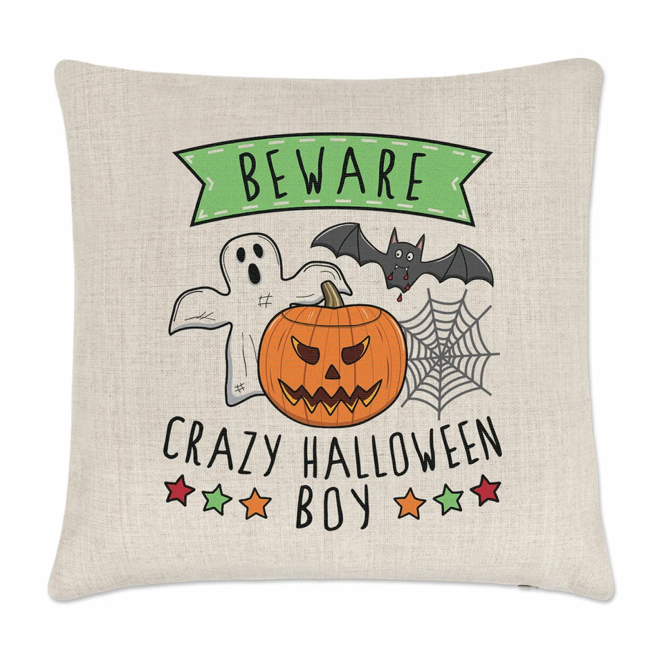 Attention Fou Halloween Garçon Coussin Housse Oreiller Fantôme Citrouille Fils - Photo 1/1