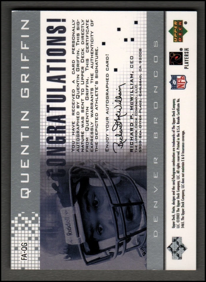 2003 Upper Deck Finite Autographs #QG Quentin Griffin Auto /447 - NM-MT - Image 2 of 2