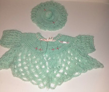 Hand Crochet Tourquois Baby Sweater Booties  Cap Infant 3 - 6 Months Vintage