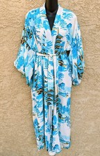 Vintage Kimono Robe Turquoise Blue White Pagoda Rayon Mid Century M