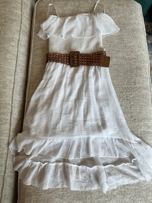 BCX Womens White 100% Linen Ruffle Mid-Length Dress SzXS Sleeveless W/Brown Belt