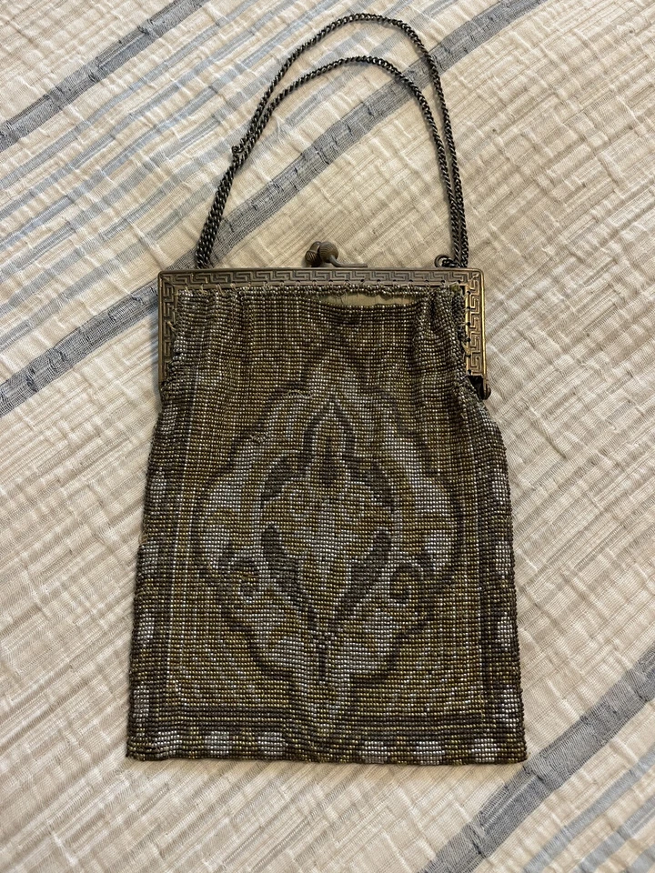 Винтажный 1900-х годов модерн французской огранки стальной бусина сумочки 7 x 5,5 дюйма как есть - Изображение 4 из 4