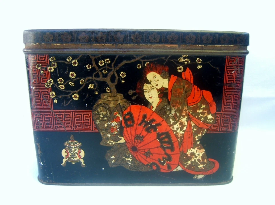 ancienne boîte à thé anglaise en tôle à décor japonais JAPON indian ceylon - Photo 4/4
